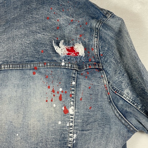 Smoke Rise: Distressed Streetwear Denim Jacket w/Red Accents & frayed details - Picture 9 of 14